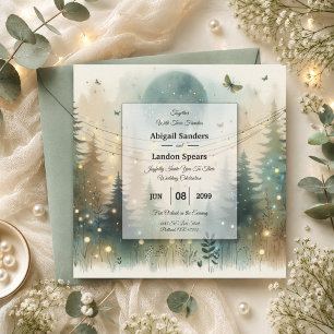 Whimsical Pine Forest Fairy Lights Wedding Invitation