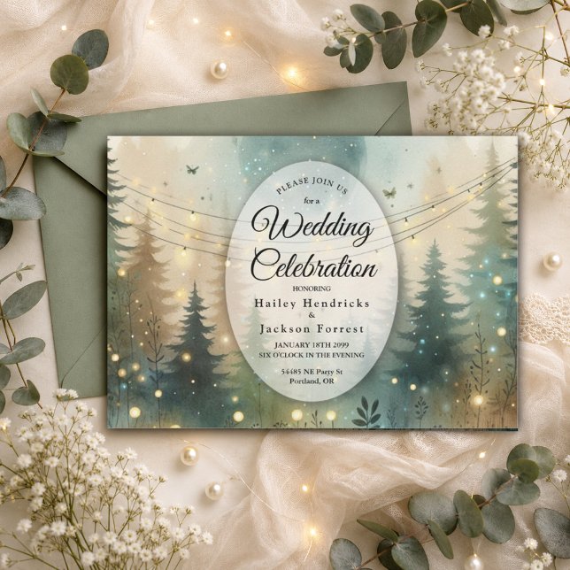 Whimsical Pine Forest Fairy Lights Wedding Invitation (Creator Uploaded)