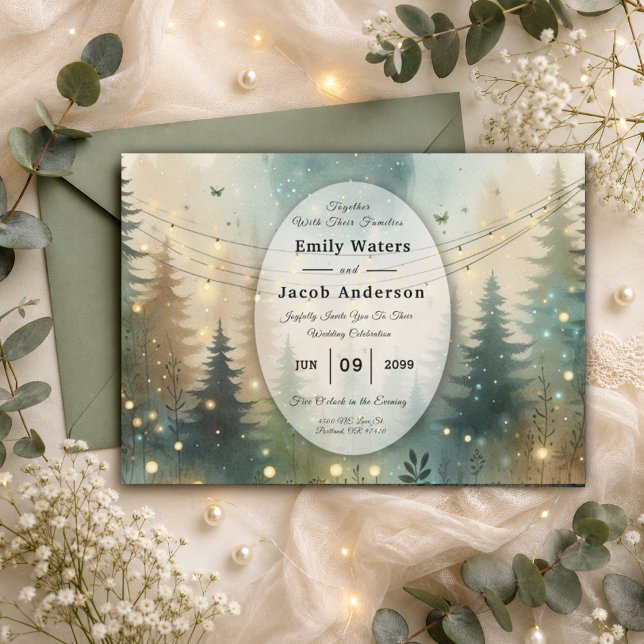 Whimsical Pine Forest Fairy Lights Wedding Invitation (Creator Uploaded)