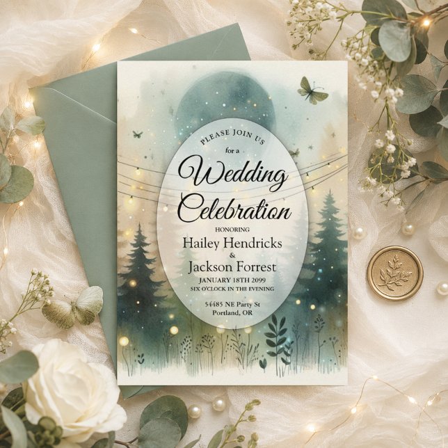 Whimsical Pine Forest Fairy Lights Wedding Invitation (Creator Uploaded)