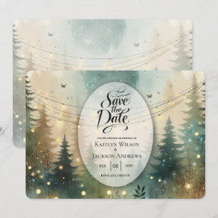 Whimsical Pine Forest Fairy Lights Wedding Save The Date