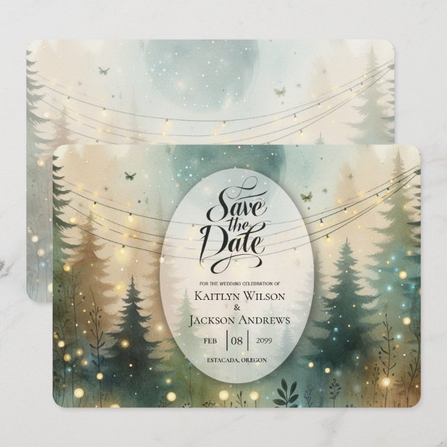 Whimsical Pine Forest Fairy Lights Wedding Save The Date (Front/Back)