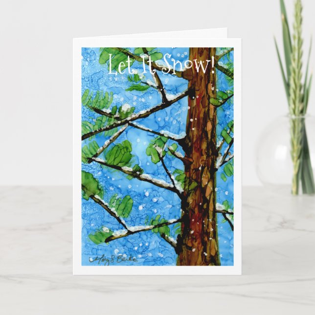 Whimsical pine tree in the snow holiday card (Front)