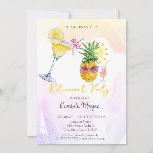 Whimsical Pineapple Cocktail Lemon Retirement  Invitation (Front)