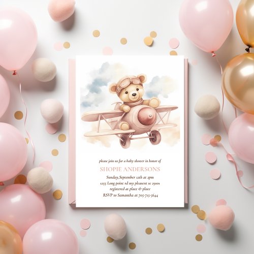 Whimsical Pink Airplane Adventure Baby Shower Invitation