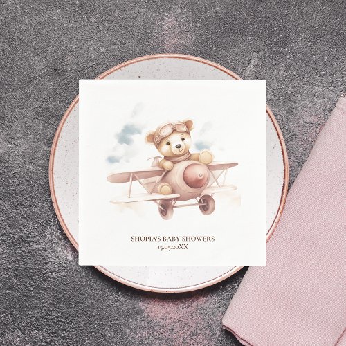 Whimsical Pink Airplane Adventure Baby Shower Napkins