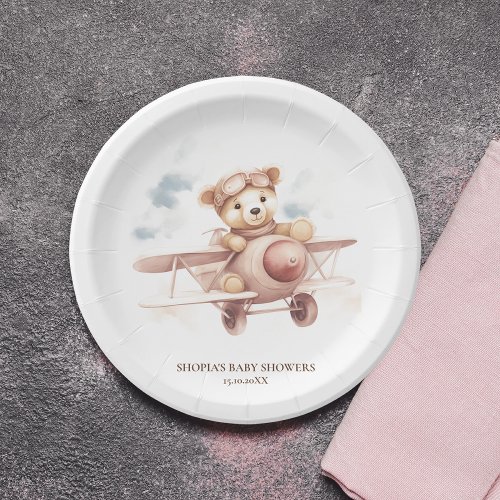 Whimsical Pink Airplane Adventure Baby Shower Paper Plates