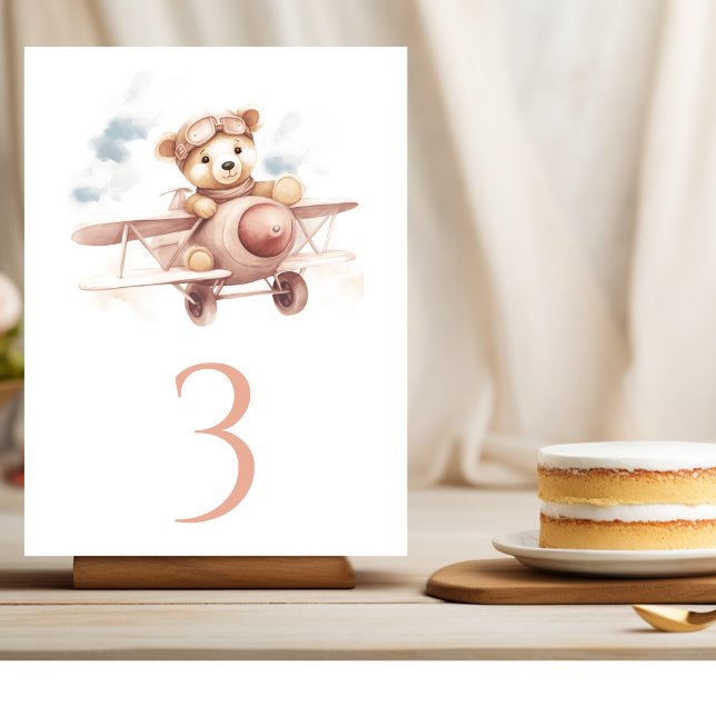 Whimsical Pink Airplane Adventure Baby Shower Table Number (Creator Uploaded)