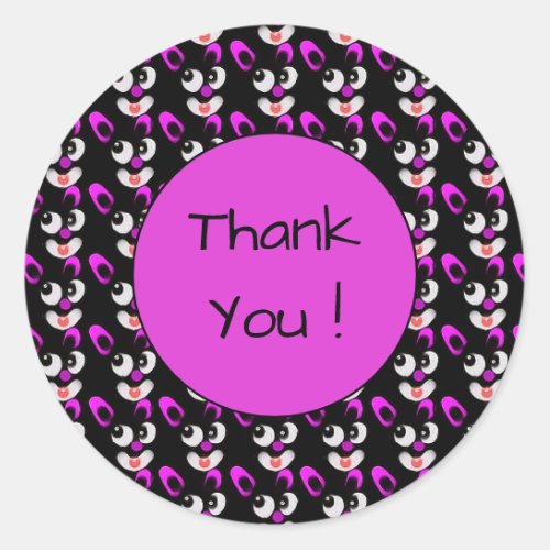 Whimsical Pink and black Cartoon Rabbits Thank You Classic Round Sticker