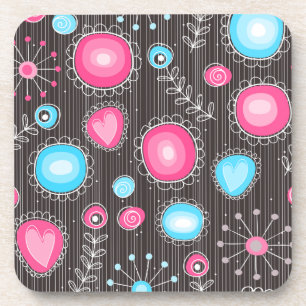 Whimsical pink and blue hearts and flowers floral beverage coaster