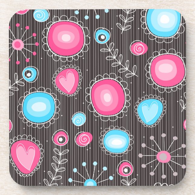 Whimsical pink and blue hearts and flowers floral beverage coaster (Front)
