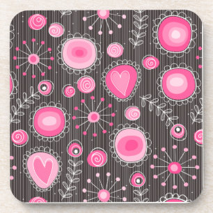 Whimsical pink and blue hearts and flowers floral beverage coaster