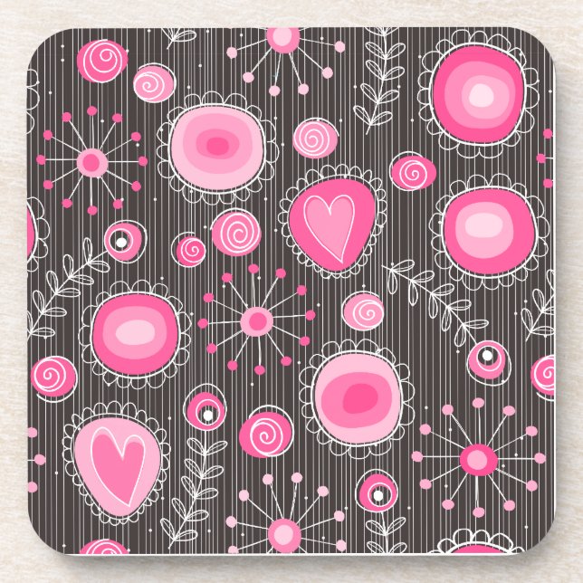 Whimsical pink and blue hearts and flowers floral beverage coaster (Front)