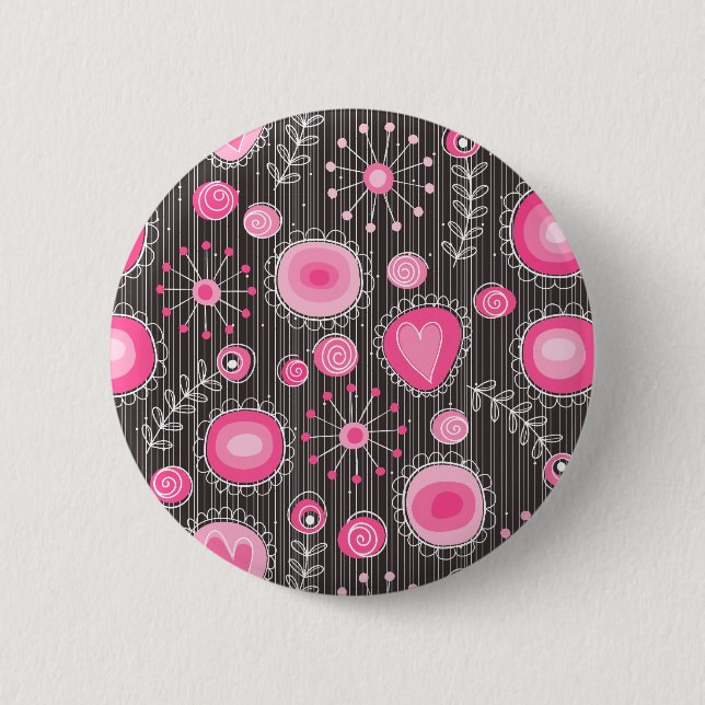 Whimsical pink and blue hearts and flowers floral button (Front)