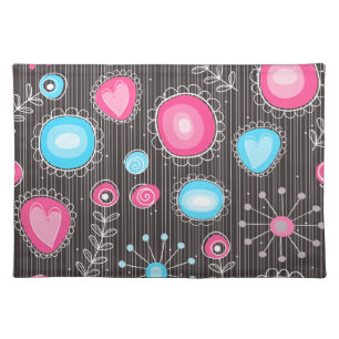 Whimsical pink and blue hearts and flowers floral cloth placemat