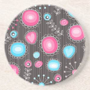 Whimsical pink and blue hearts and flowers floral coaster