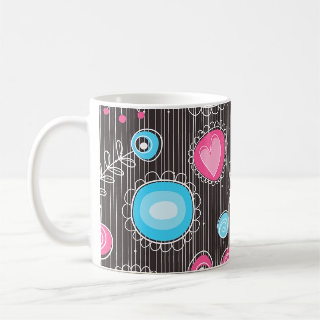 Whimsical pink and blue hearts and flowers floral coffee mug (Left)