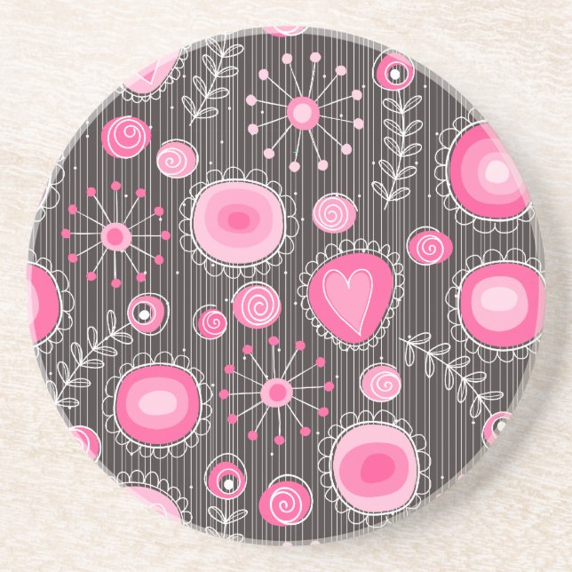 Whimsical pink and blue hearts and flowers floral drink coaster (Front)