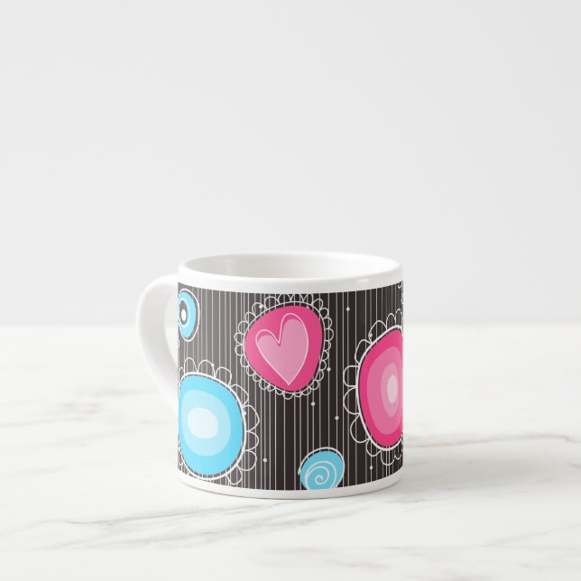 Whimsical pink and blue hearts and flowers floral espresso cup (Front Left)