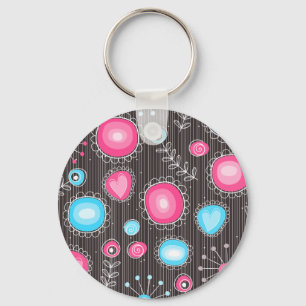 Whimsical pink and blue hearts and flowers floral keychain
