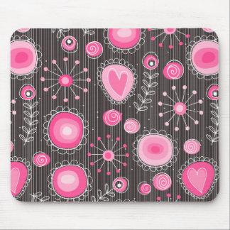 Whimsical pink and blue hearts and flowers floral mouse pad