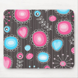 Whimsical pink and blue hearts and flowers floral mouse pad