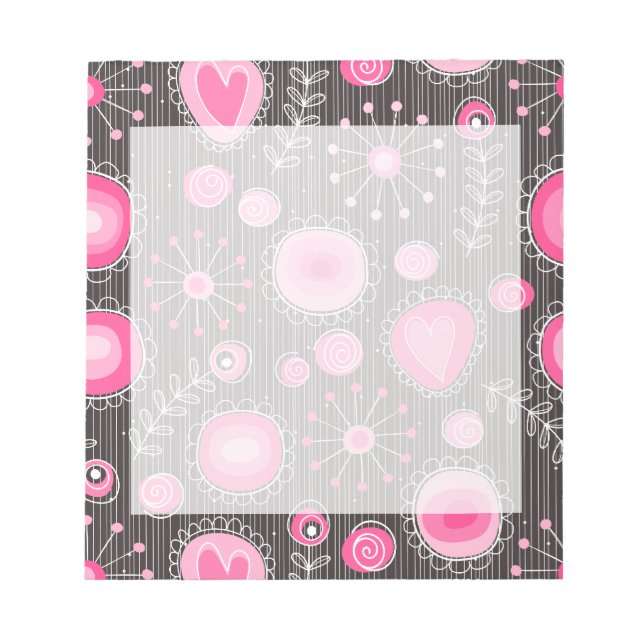 Whimsical pink and blue hearts and flowers floral notepad (Front)