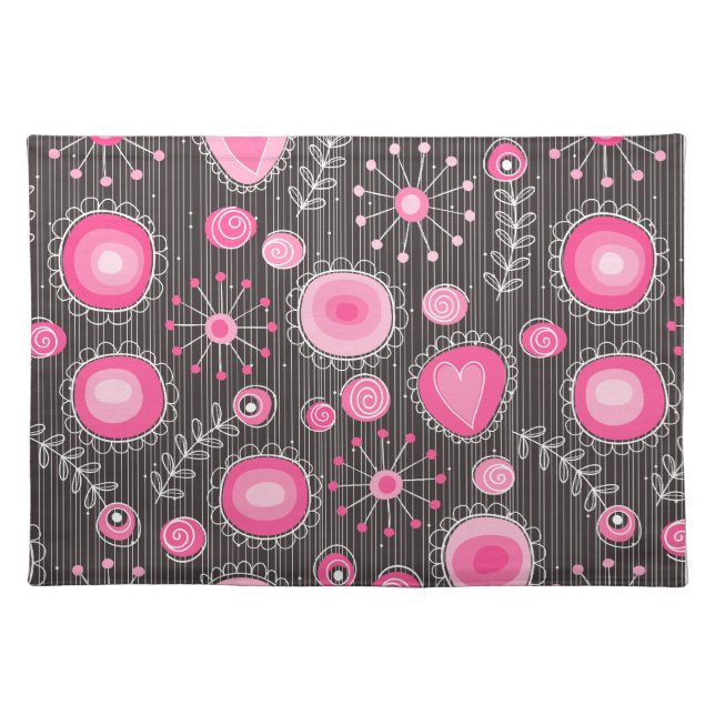 Whimsical pink and blue hearts and flowers floral placemat (Front)
