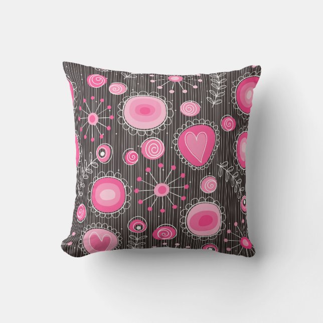 Whimsical pink and blue hearts and flowers floral throw pillow (Front)