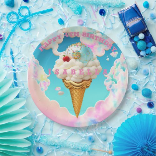 Whimsical Pink and Blue Ice Cream Happy Birthday Paper Plates