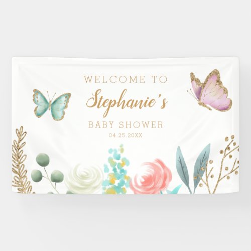 Whimsical Pink and Gold Butterfly Baby Shower Banner