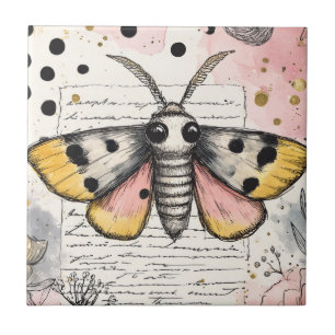 Whimsical Pink and Gold Moth Ceramic Tile