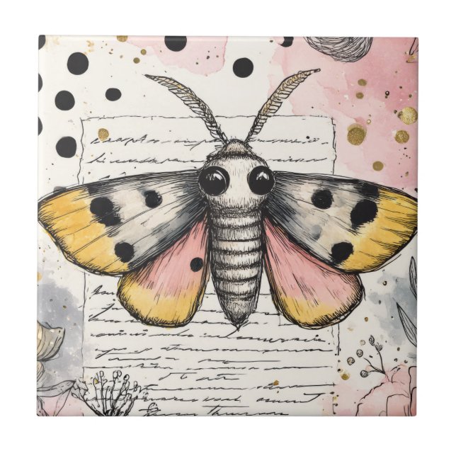 Whimsical Pink and Gold Moth Ceramic Tile (Front)
