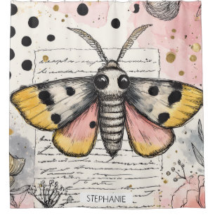 Whimsical Pink and Gold Moth Shower Curtain