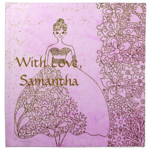 Whimsical Pink and Gold Princess Floral Gown Cloth Napkin