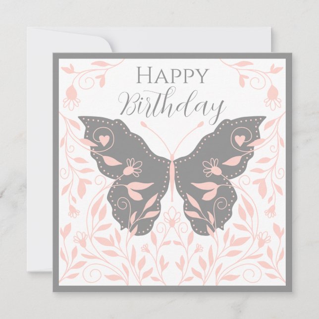 Whimsical Pink and Gray Butterfly   Note Card (Front)