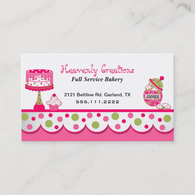 Whimsical Pink and Green Bakery Business Card (Front)