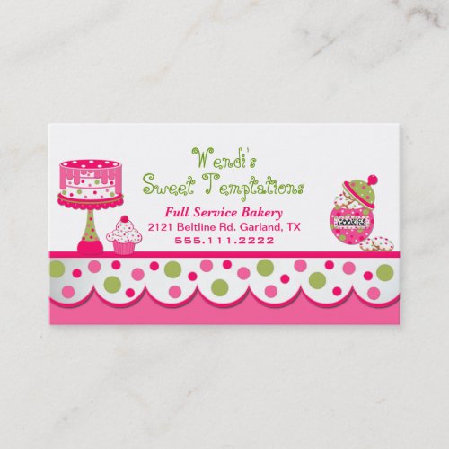 Whimsical Pink and Green Bakery Business Card