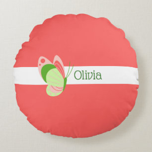 Whimsical Pink and Green Butterfly   Round Pillow