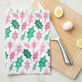 Whimsical Pink and Green Christmas Holly Leaves Kitchen Towel