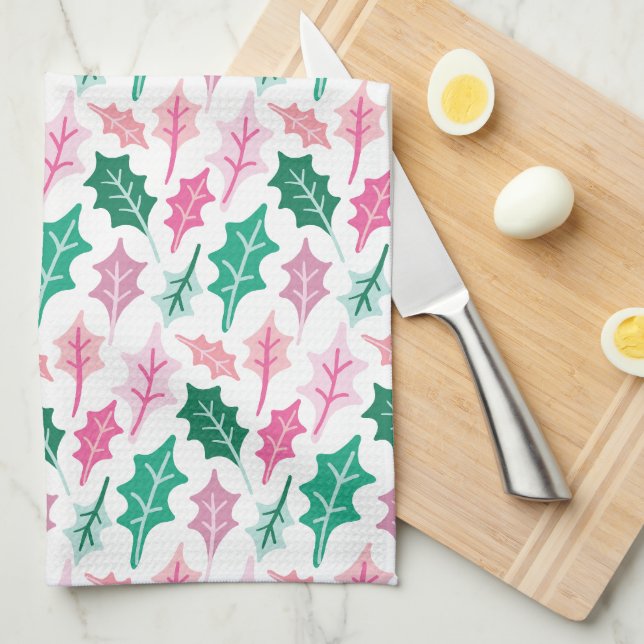 Whimsical Pink and Green Christmas Holly Leaves Kitchen Towel (Quarter Fold)