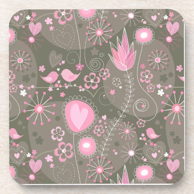Whimsical Pink and Grey Hearts, Birds and Flowers  Beverage Coaster (Front)