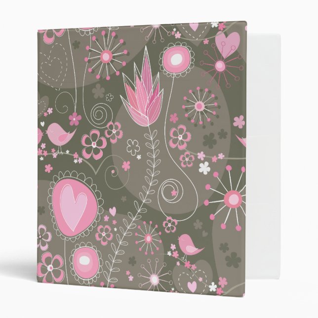 Whimsical Pink and Grey Hearts, Birds and Flowers  Binder (Front/Inside)