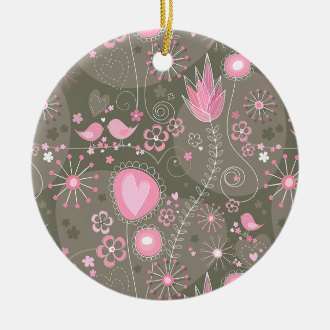 Whimsical Pink and Grey Hearts, Birds and Flowers  Ceramic Ornament (Front)