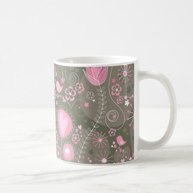 Whimsical Pink and Grey Hearts, Birds and Flowers  Coffee Mug (Right)
