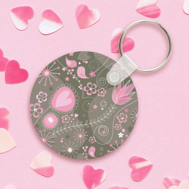 Whimsical Pink and Grey Hearts, Birds and Flowers  Keychain (Creator Uploaded)