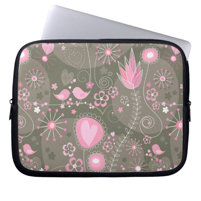 Whimsical Pink and Grey Hearts, Birds and Flowers  Laptop Sleeve (Front)
