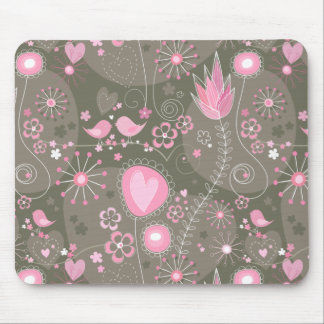 Whimsical Pink and Grey Hearts, Birds and Flowers Mouse Pad