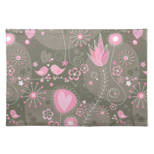 Whimsical Pink and Grey Hearts, Birds and Flowers Placemat