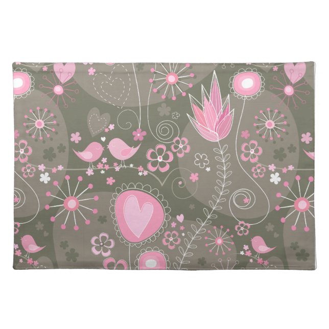Whimsical Pink and Grey Hearts, Birds and Flowers  Placemat (Front)